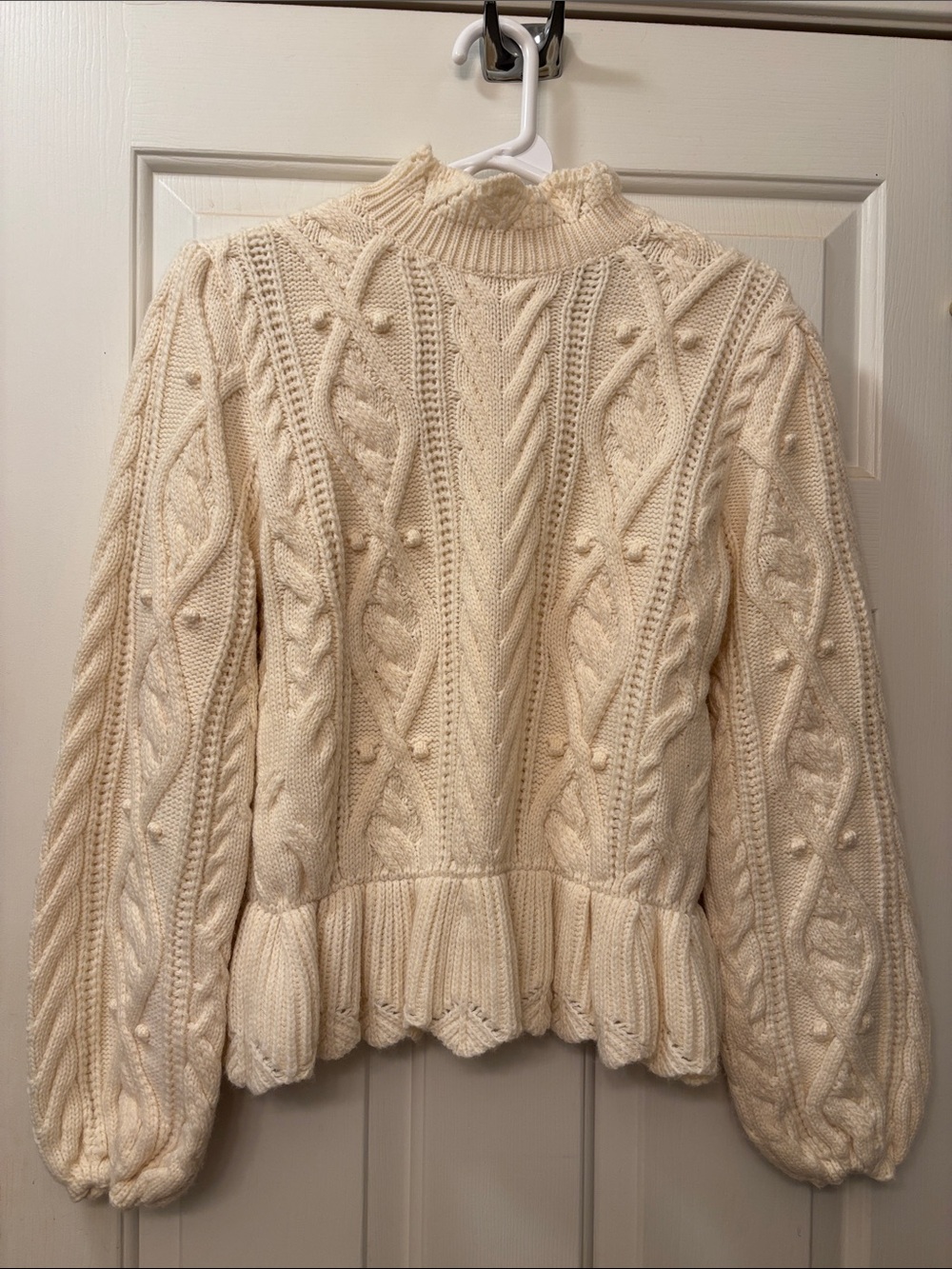 Zara Cream Cable Knit Peplum Turtleneck Sweater